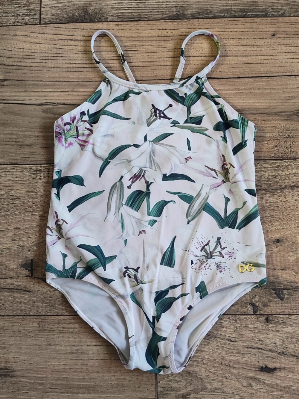 Dolce & Gabbana Girls Floral One-Piece Swimsuit in Light Pink and Green